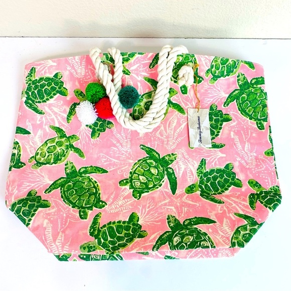 Tommy Bahama Pink Sea Turtle Large Reusable Beach Tote 17” x 14” x 9” - Picture 2 of 11